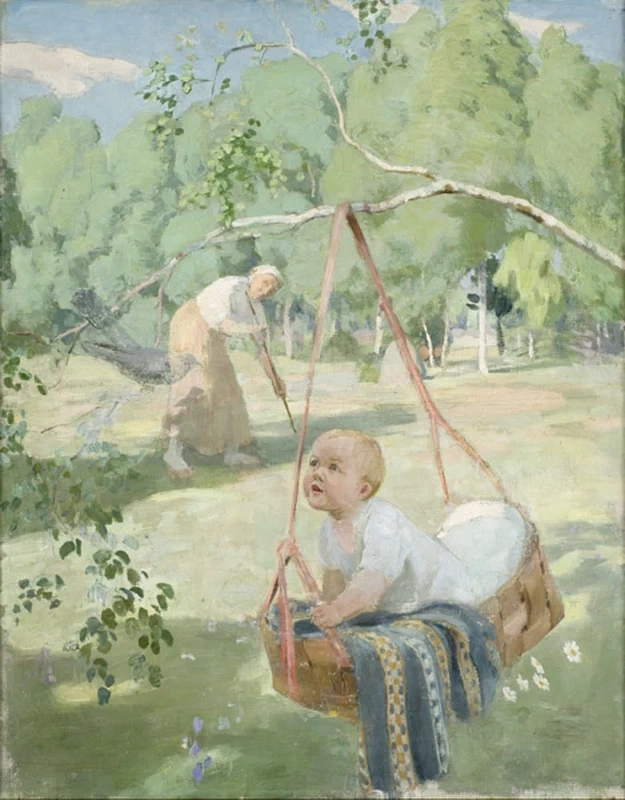 Madre al lavoro nel campo e figlio nella culla - Art Museum of Estonia's painting collection, Tallinn